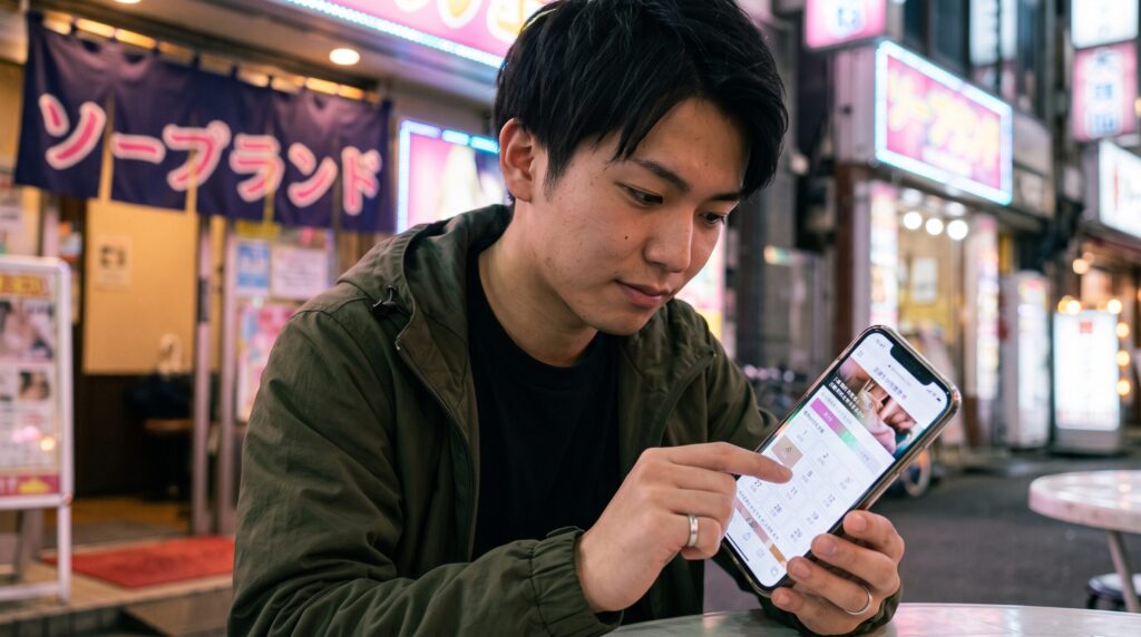 営業時間を調べる男性